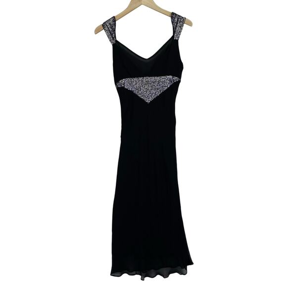 Vintage NOIR Silk Sequin Cocktail Dress Black Silver Midi Size S 90s Retro Glam - Picture 8 of 10